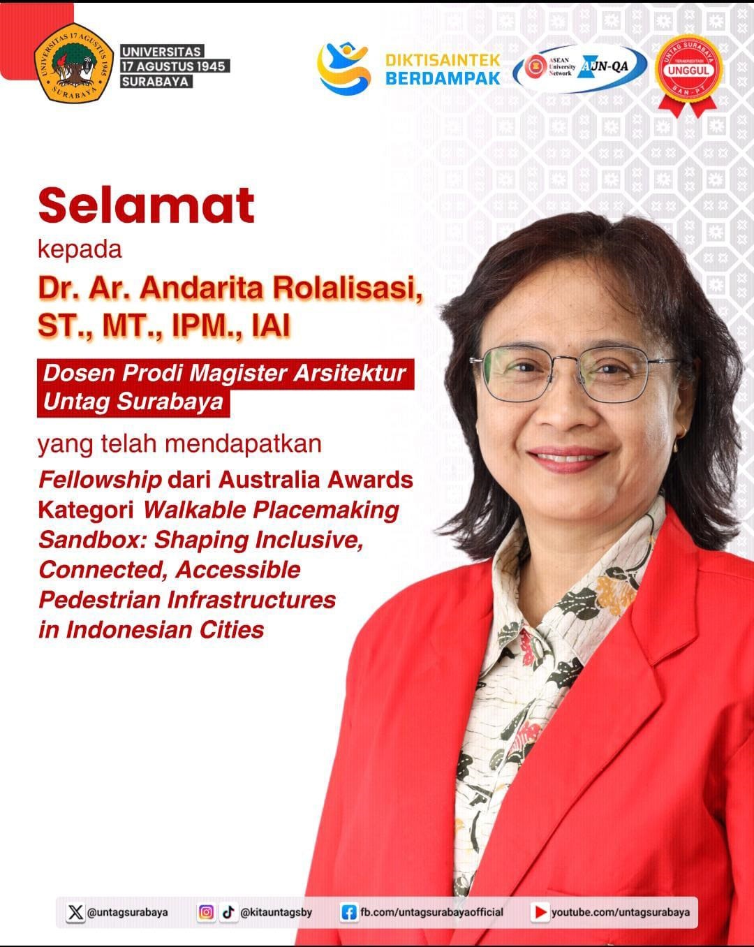 Selamat Kepada Dr. Ar. Andarita Rolalisasi, ST.,MT.,IPM.,IAI