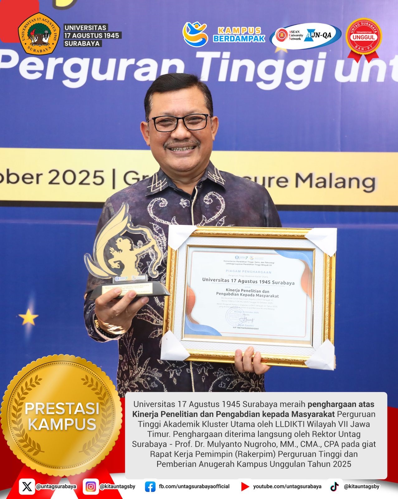 Anugerah Kampus Unggulan kategori Kinerja Penelitian dan Pengabdian kpd Masyarakat Perguruan Tinggi